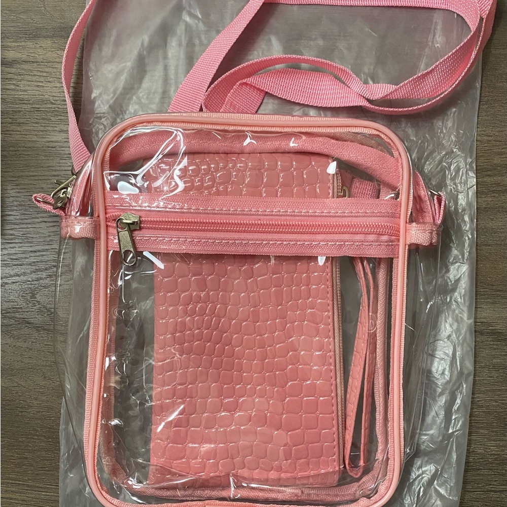 Pink Trim Clear Transparent Purse Crossbody Faux Crocodile Alligator Wristlet